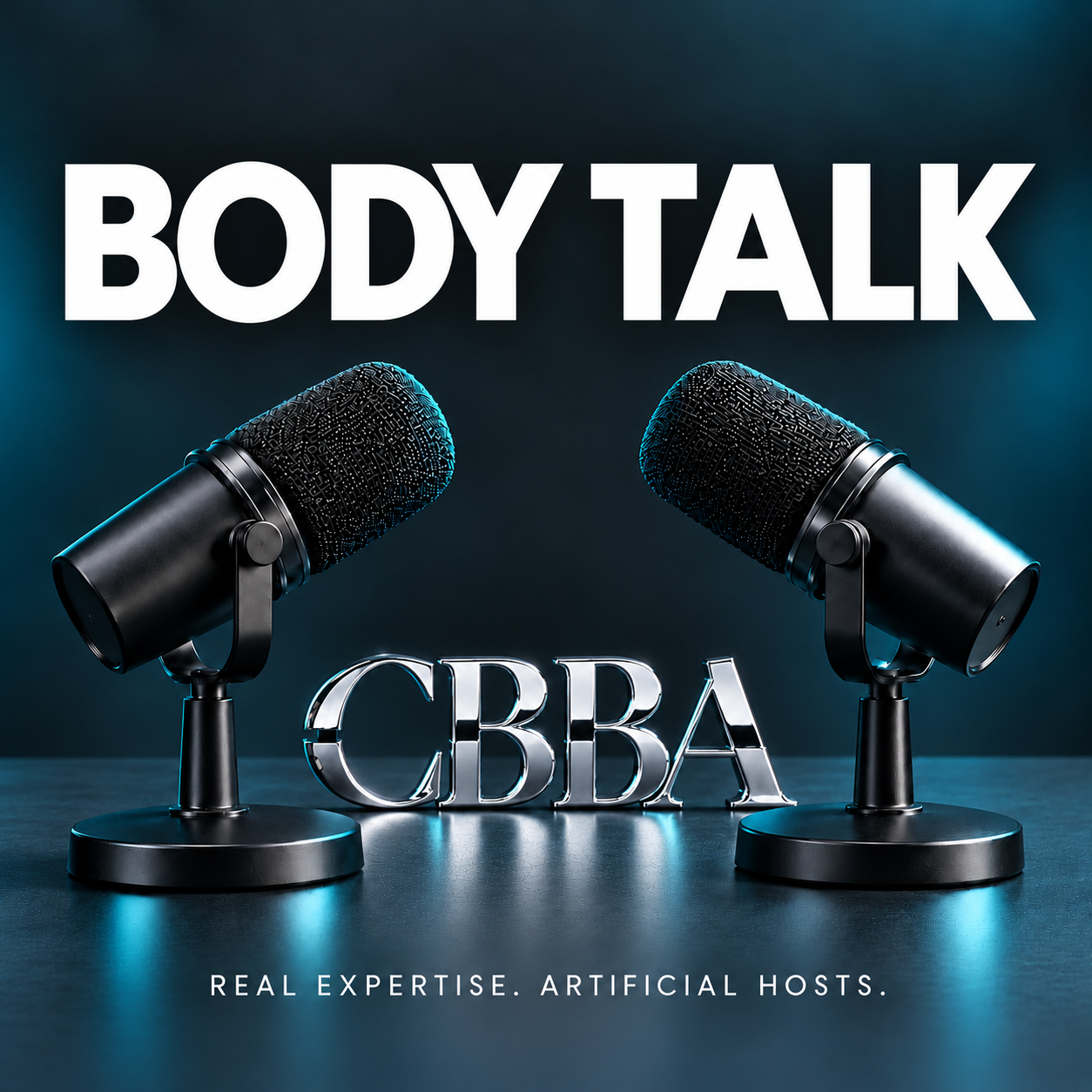 Two black microphones and CBBA letters on the approved Body Talk cover.